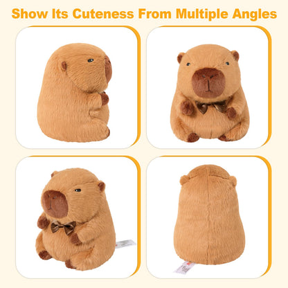 capybara heating pad for cramps shown from multiple angles with soft plush texture and bow tie