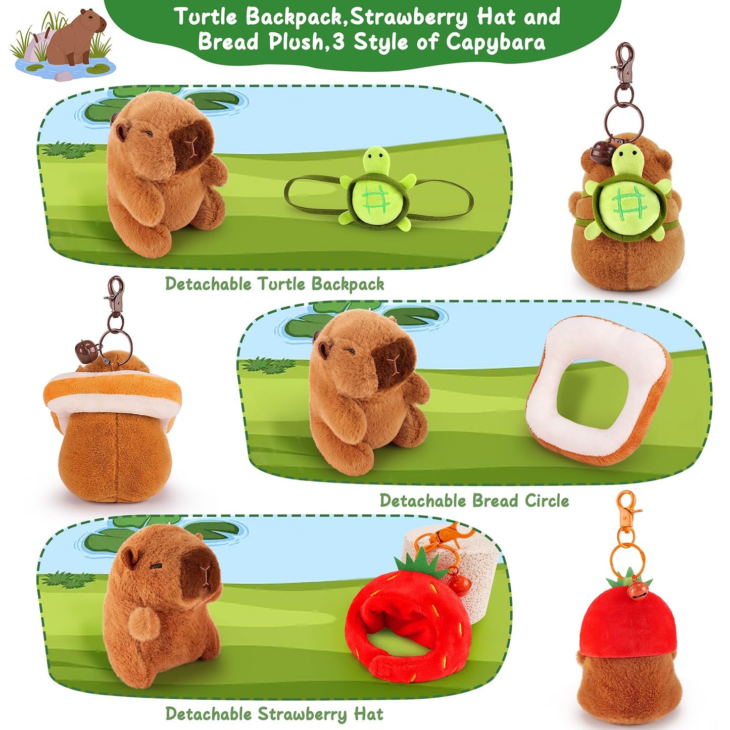 capybara keychain set with detachable turtle backpack, bread circle, and strawberry hat plush accessories