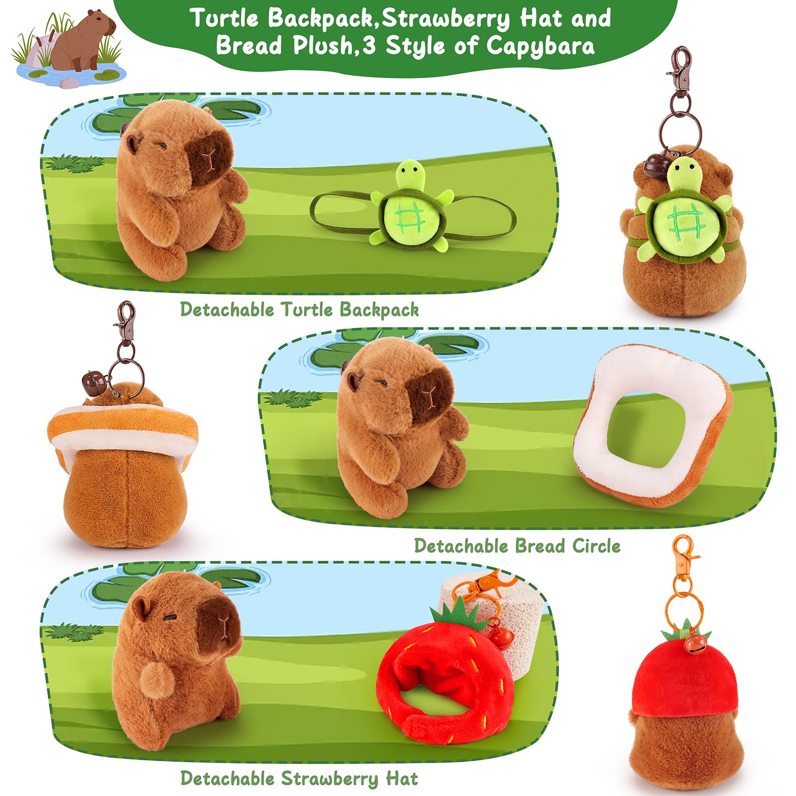 capybara keychain set with detachable turtle backpack, bread circle, and strawberry hat plush accessories