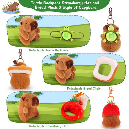 capybara keychain set with detachable turtle backpack, bread circle, and strawberry hat plush accessories