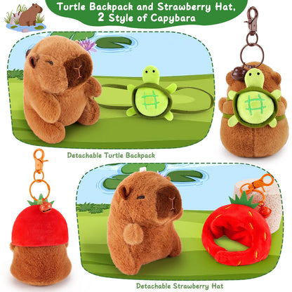 capybara keychain set with detachable turtle backpack and strawberry hat plush accessories