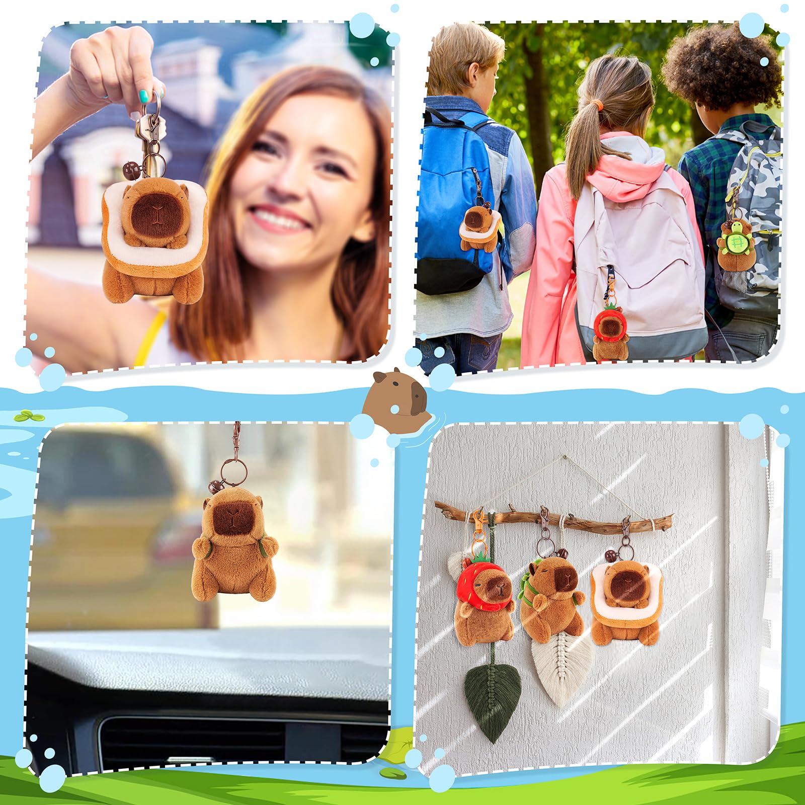 capybara keychain set featuring plush keychains shown hanging on backpacks and car interior