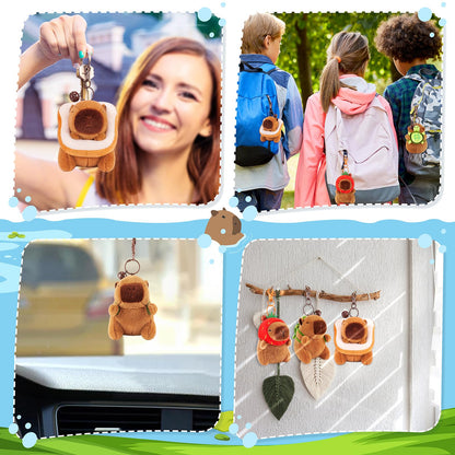 capybara keychain set featuring plush keychains shown hanging on backpacks and car interior