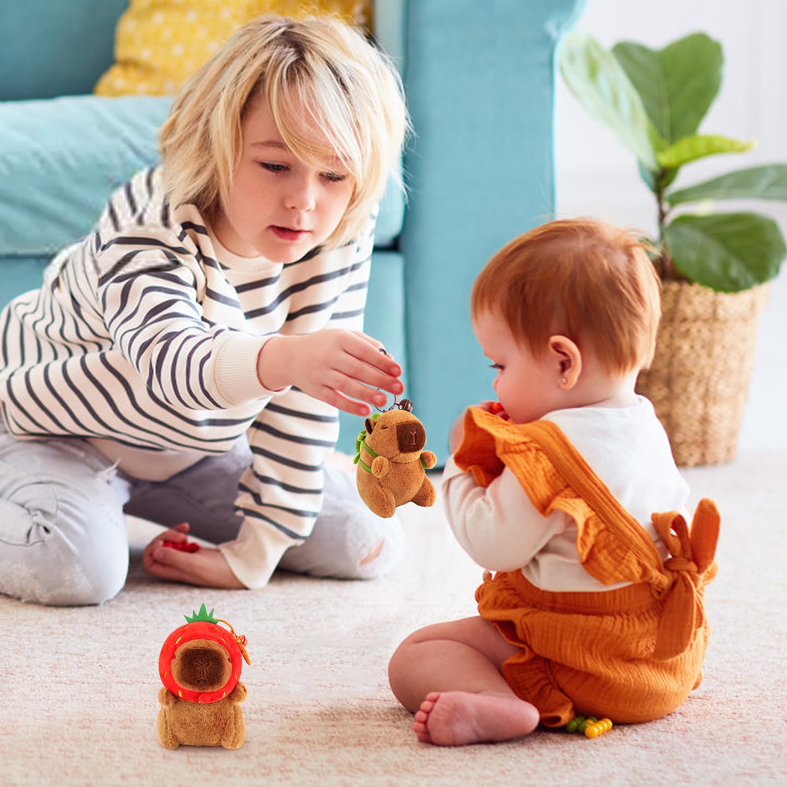 Children playing with a capybara keychain set plush toys indoors on carpet