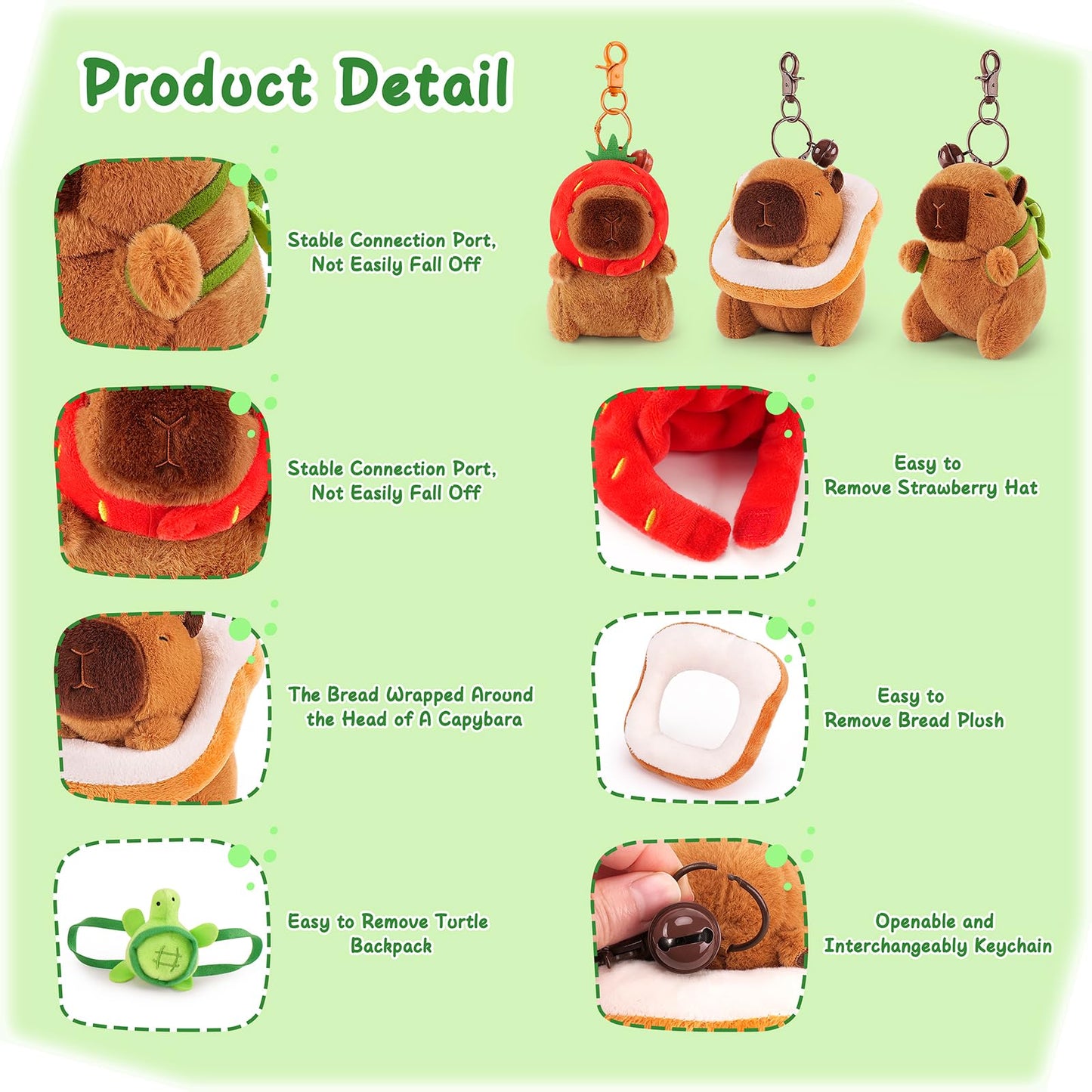 capybara keychain set with removable strawberry hat, bread plush, and turtle backpack