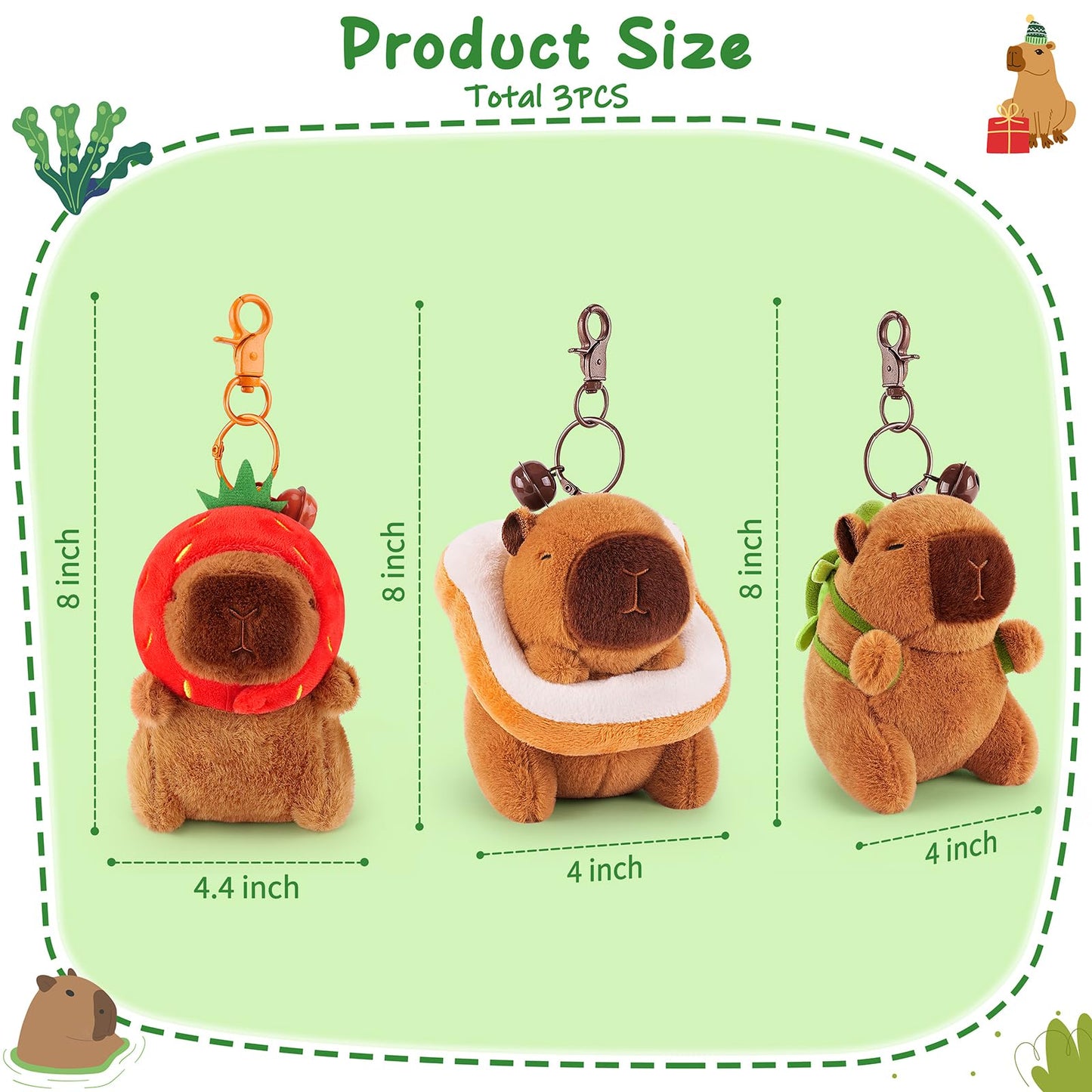 capybara keychain set with three plush 8 inch figures in strawberry, toast, and avocado designs