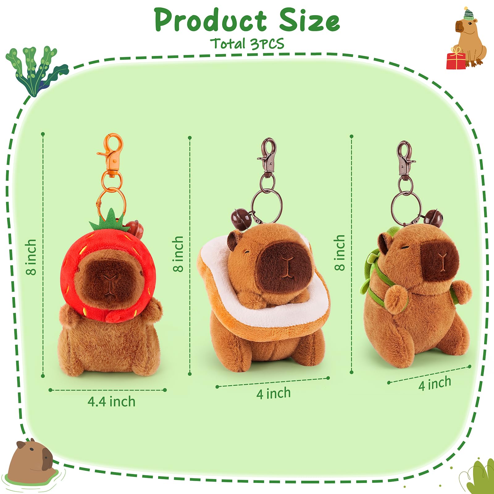 capybara keychain set with three plush 8 inch figures in strawberry, toast, and avocado designs