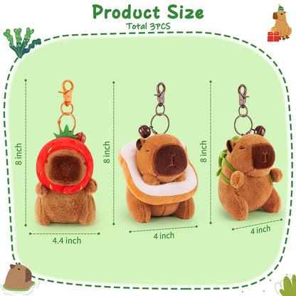 capybara keychain set with three plush 8 inch figures in strawberry, toast, and avocado designs