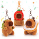 capybara keychain set featuring three plush capybara designs with a strawberry, leaf backpack, and bread costume