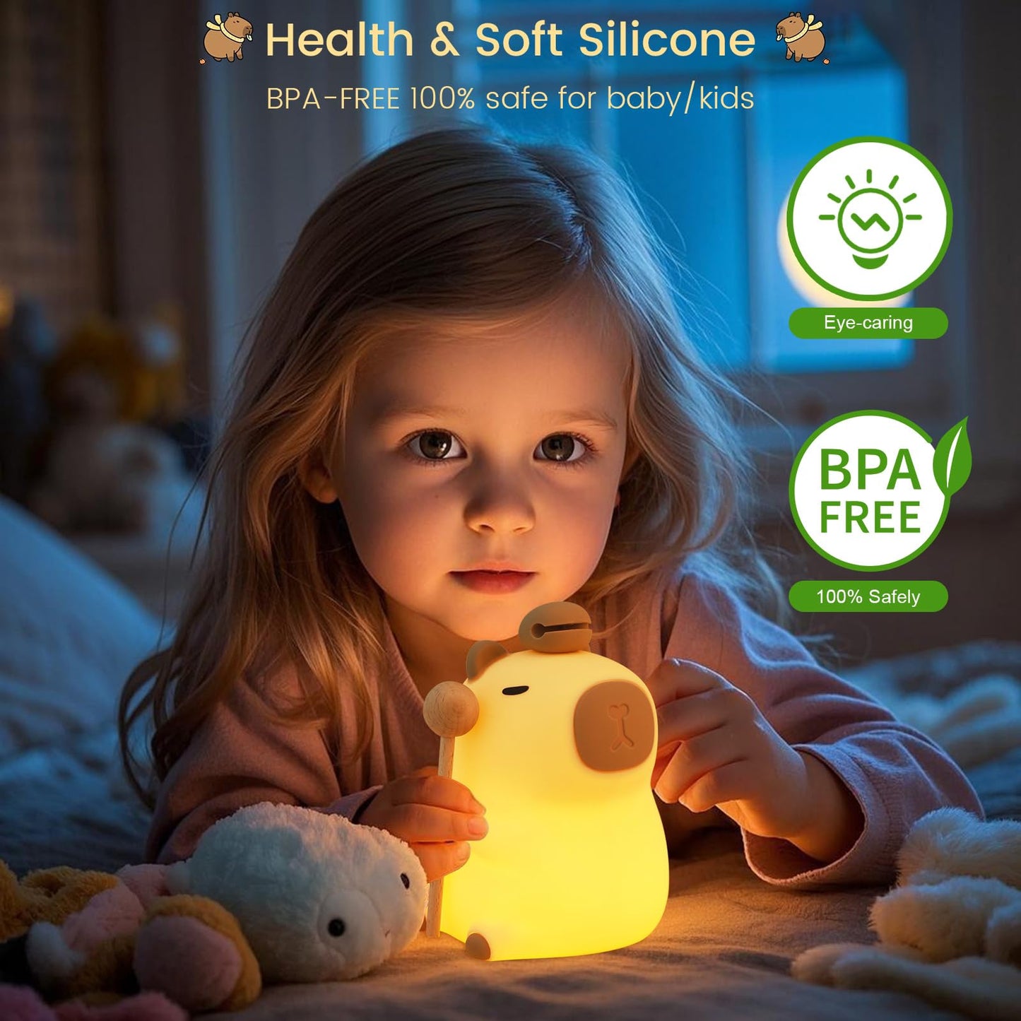 Child holding glowing capybara night light made of soft BPA-free silicone in cozy bedroom