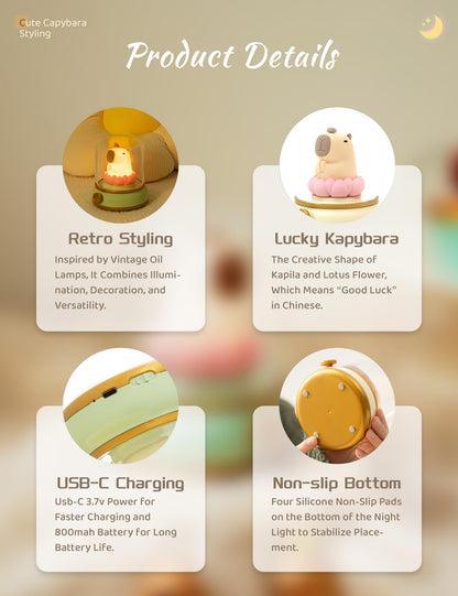 capybara night light with retro styling featuring USB-C charging and non-slip bottom