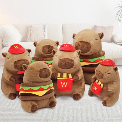 Set of capybara plush burger pillow toys dressed as fast food workers with fries and drink accessories
