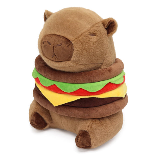 capybara plush burger pillow with soft brown fur and colorful burger layers