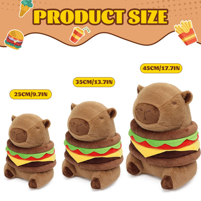 Three capybara plush burger pillow sizes in small medium and large with colorful burger layers