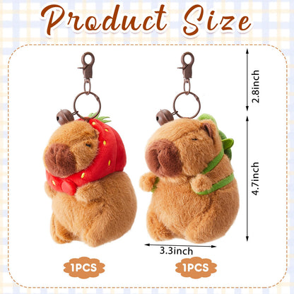 Capybara plush keychain with turtle bag and strawberry hat measuring 4.7 by 3.3 inches by Simgoing