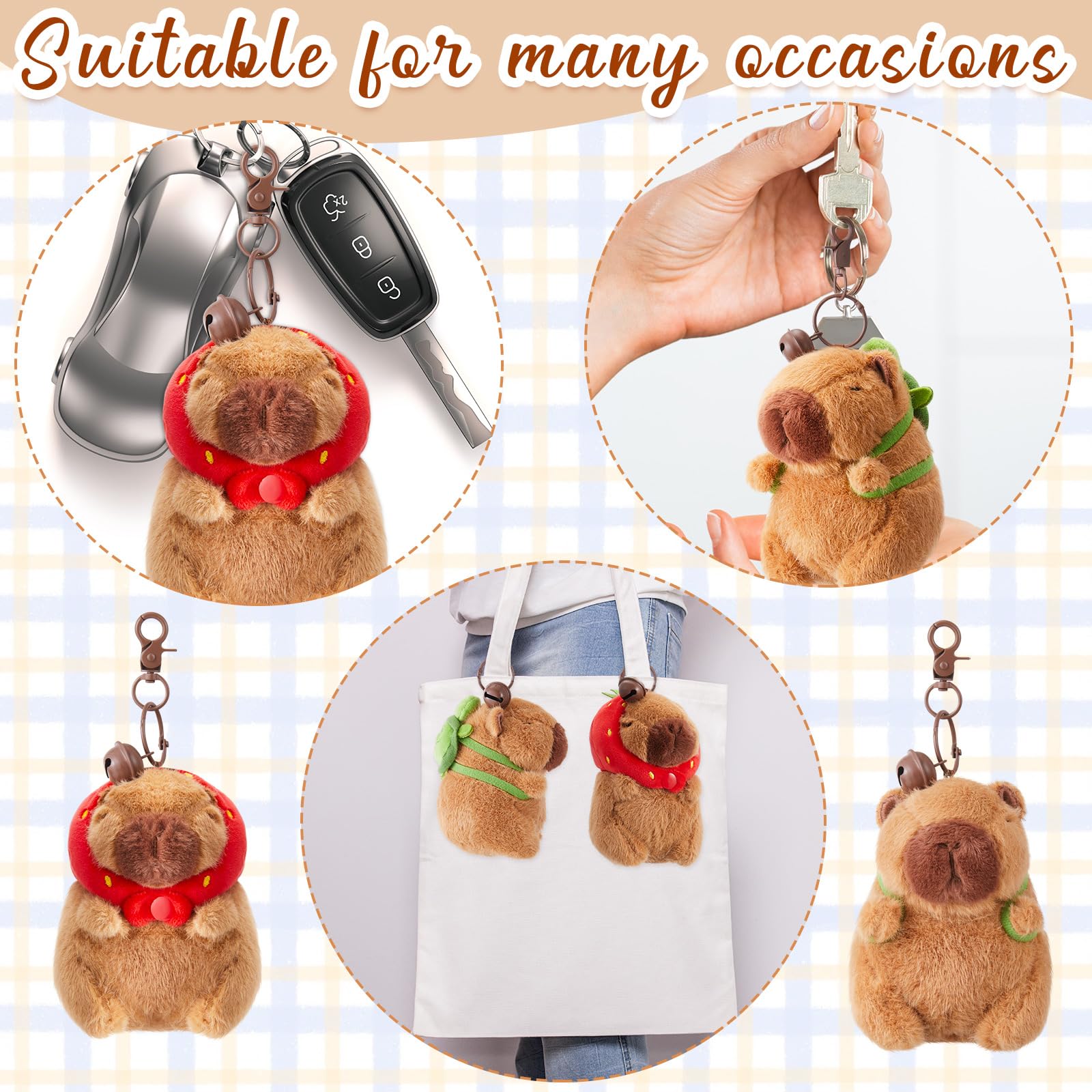 Capybara plush keychain with turtle bag hanging from keys and attached to white tote bag by Simgoing