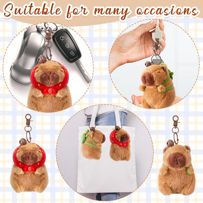 Capybara plush keychain with turtle bag hanging from keys and attached to white tote bag by Simgoing