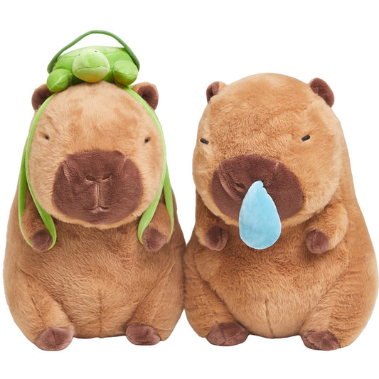 capybara plush toy set featuring two cute brown capybaras, one with a green turtle hat and the other with a blue teardrop accessory