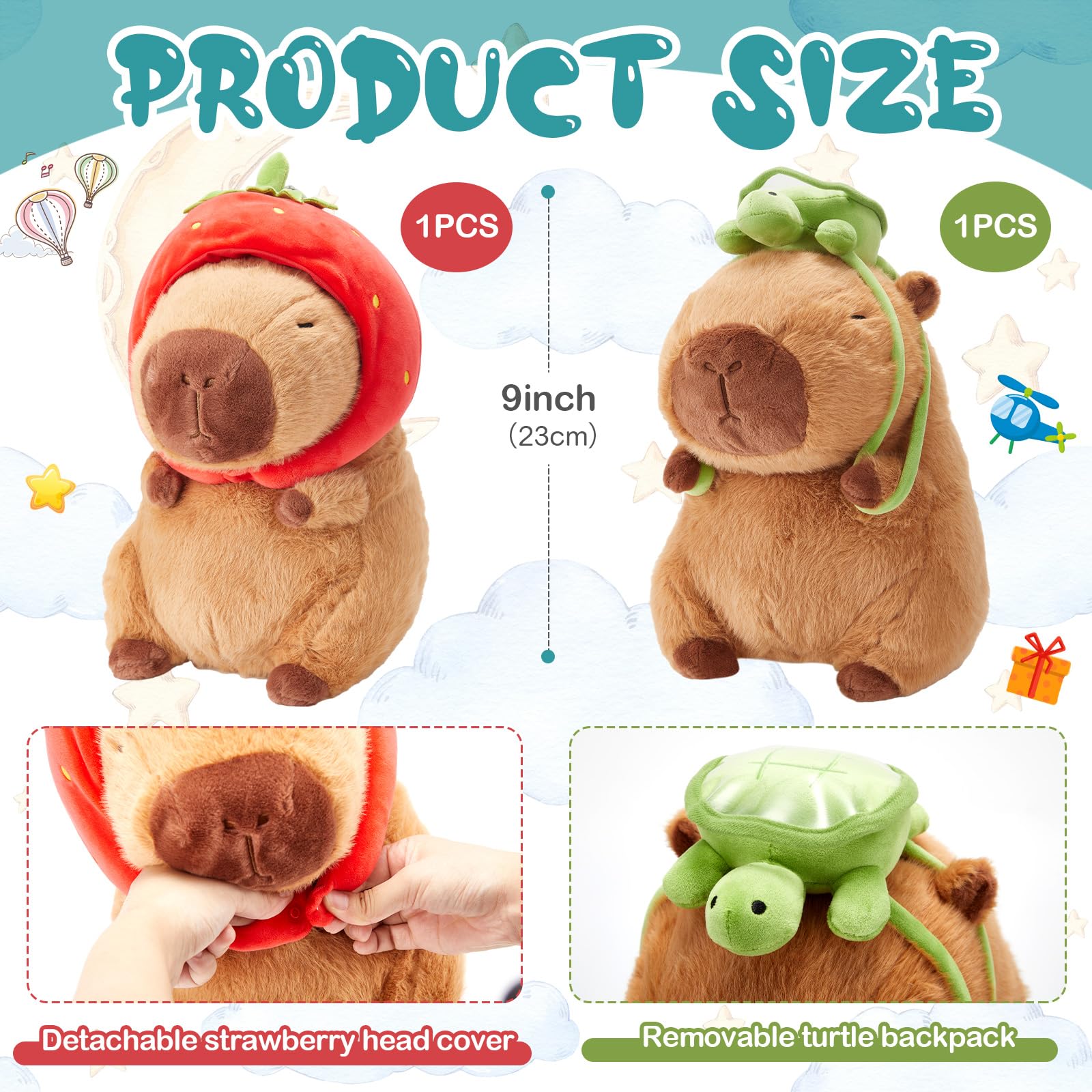 Capybara plush toy set by Simgoing featuring 9 inch soft plush capybaras with detachable strawberry head cover and removable turtle backpack