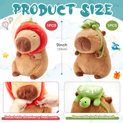 Capybara plush toy set by Simgoing featuring 9 inch soft plush capybaras with detachable strawberry head cover and removable turtle backpack