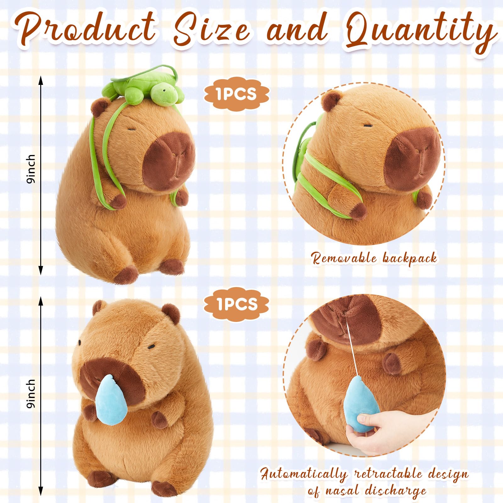 capybara plush toy set featuring two 9 inch plush toys with removable backpack and retractable nasal drip design