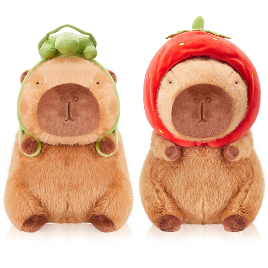 capybara plush toy set with two soft brown stuffed animals wearing fruit and turtle hats