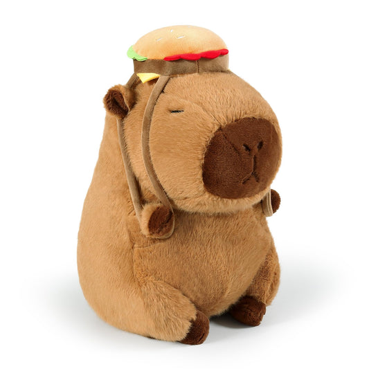 Cute brown capybara plush toy with hamburger backpack by Ditucu soft and cuddly stuffed animal