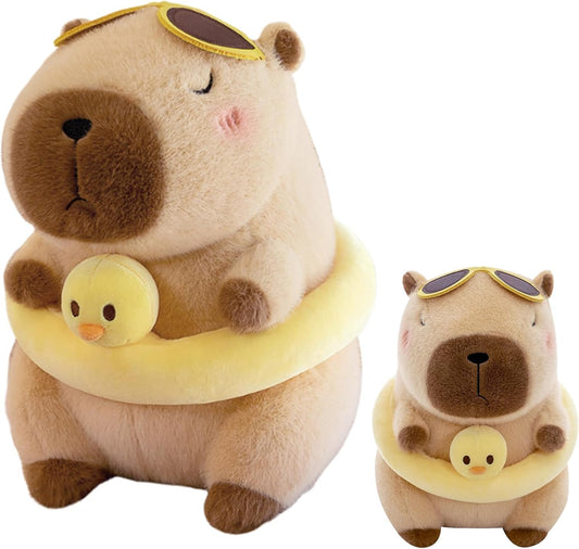 capybara plush with swim ring and small yellow duck wearing sunglasses