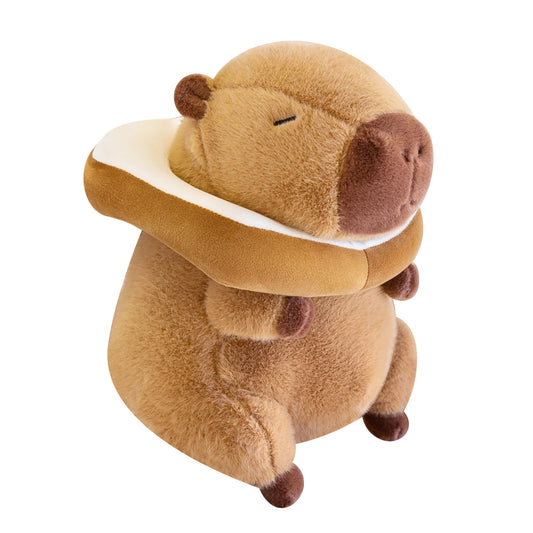 Soft brown capybara plush with toast collar sitting with eyes closed by TXDRRA