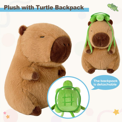 Capybara stuffed animal with turtle backpack plush toy with detachable green turtle backpack