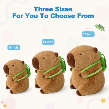 Capybara stuffed animal with turtle backpack available in three sizes 9 inch 13 inch and 17 inch