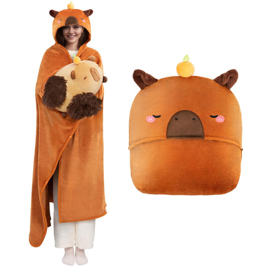 capybara wearable blanket hoodie in orange with cute capybara face and ears hood design