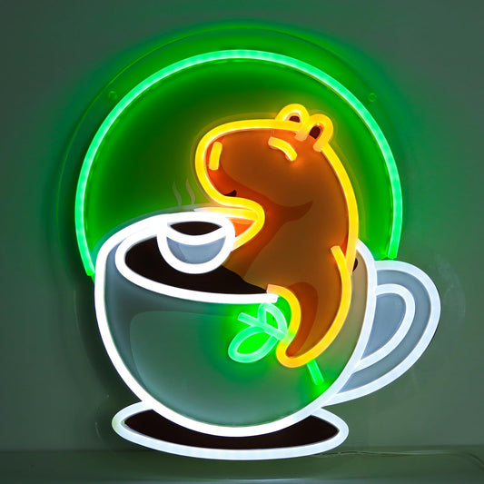 WittyRhE cute animal neon wall decor featuring a glowing bear inside a coffee cup with green halo background