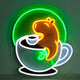 WittyRhE cute animal neon wall decor featuring a glowing bear inside a coffee cup with green halo background