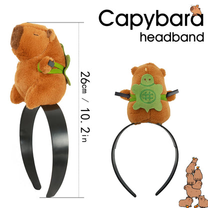 cute capybara hair accessory headband with plush capybara holding a green turtle