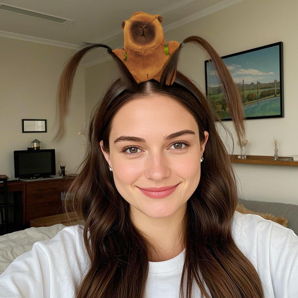 Woman wearing a cute capybara hair accessory holding up two sections of her long brown hair indoors