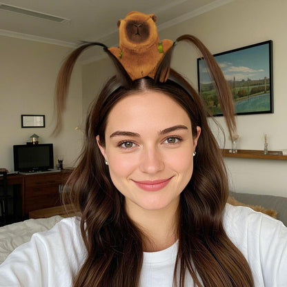 Woman wearing a cute capybara hair accessory holding up two sections of her long brown hair indoors