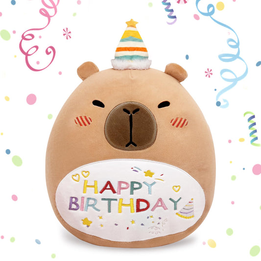 cute capybara plush pillow with birthday hat and colorful happy birthday embroidery