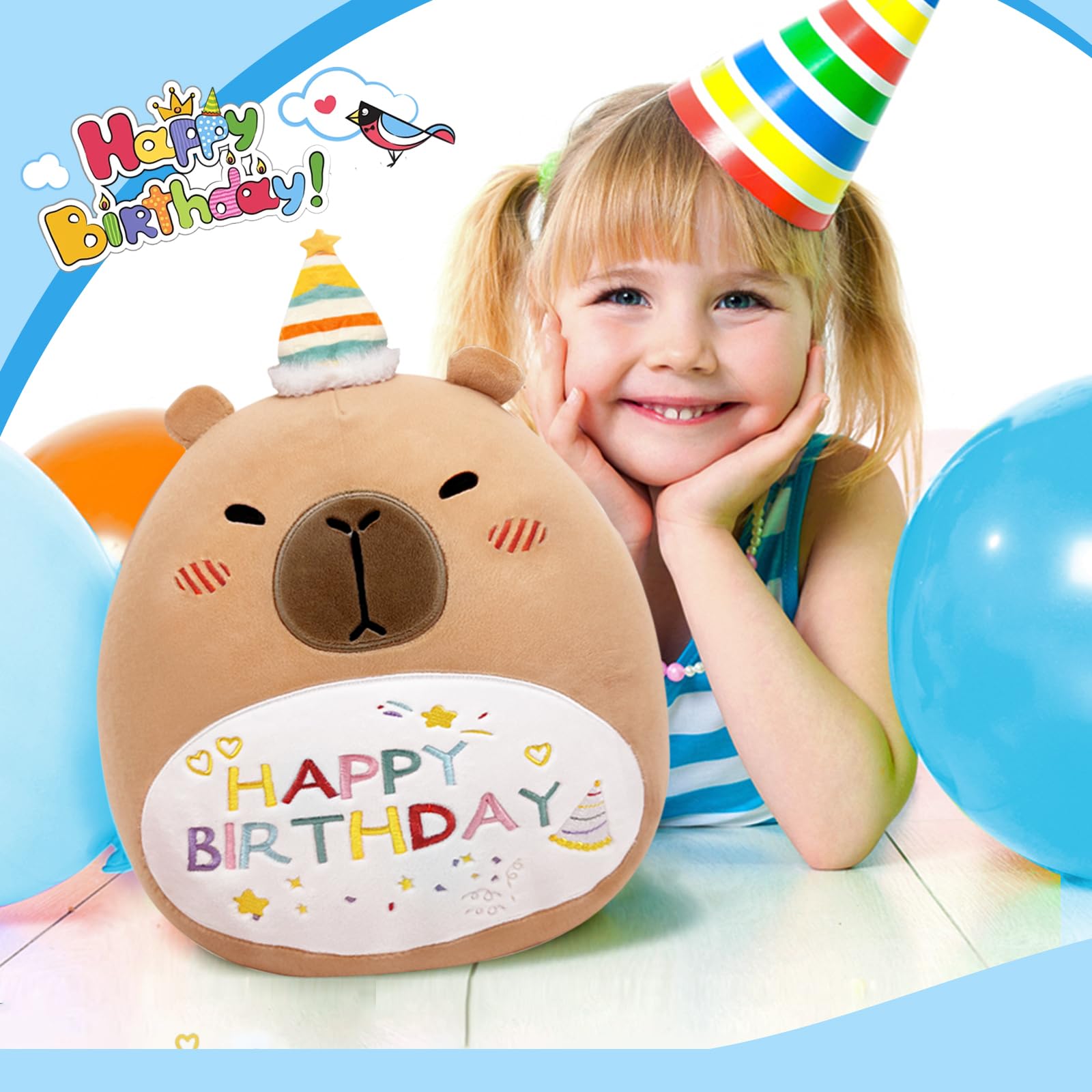 Cute capybara plush pillow with happy birthday design next to smiling girl wearing party hat
