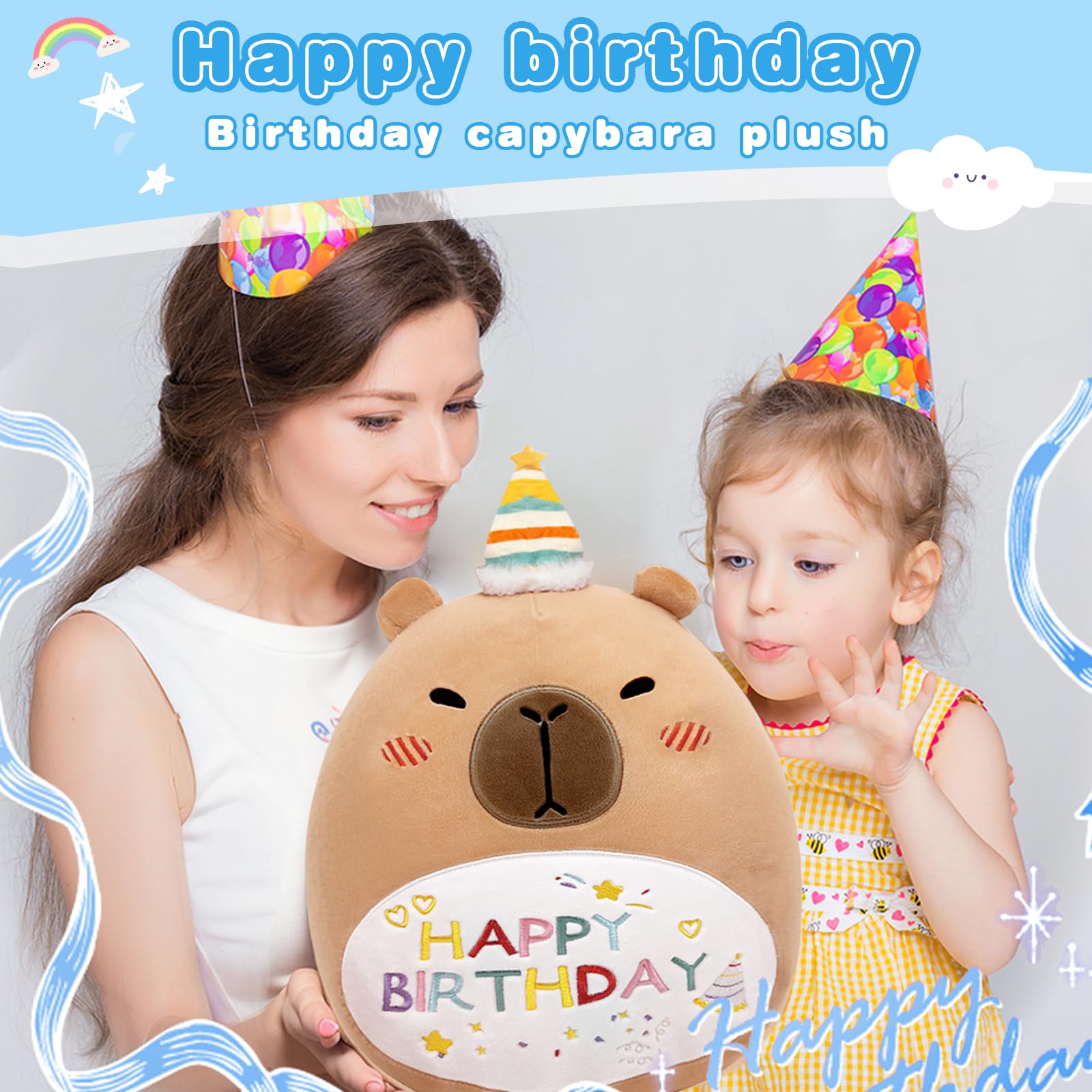 Cute capybara plush pillow with birthday hat held by mother and child celebrating birthday