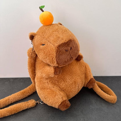Whrigud cute capybara shoulder bag plush with orange fruit decoration and soft brown fur