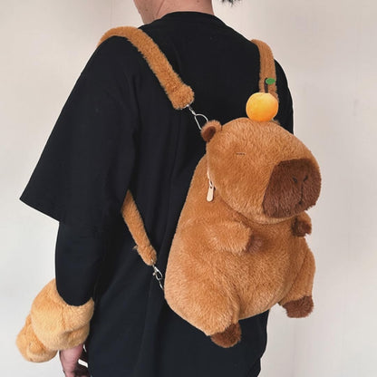 Whrigud cute capybara shoulder bag in plush brown fabric worn on back with adjustable straps