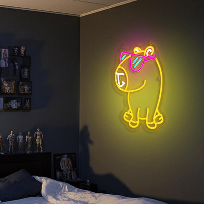 Jimeva cute pet neon wall decor featuring a glowing yellow dog with pink sunglasses mounted on a dark wall