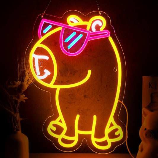 Jimeva cute pet neon wall decor featuring a glowing yellow dog with pink sunglasses