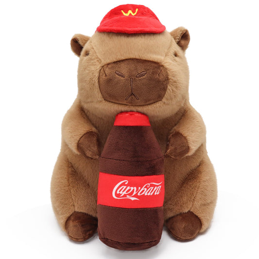 drink bottle capybara stuffed toy holding a brown bottle plush with red label and hat