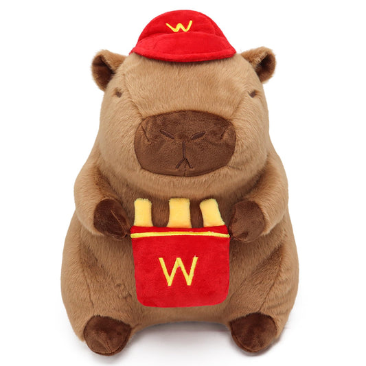 capybara plush toy holding a red french fries stuffed animal with a red hat
