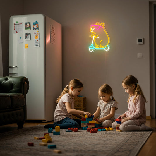 Zidoni capybara themed room decor neon light sign of capybara riding a blue scooter with pink glasses