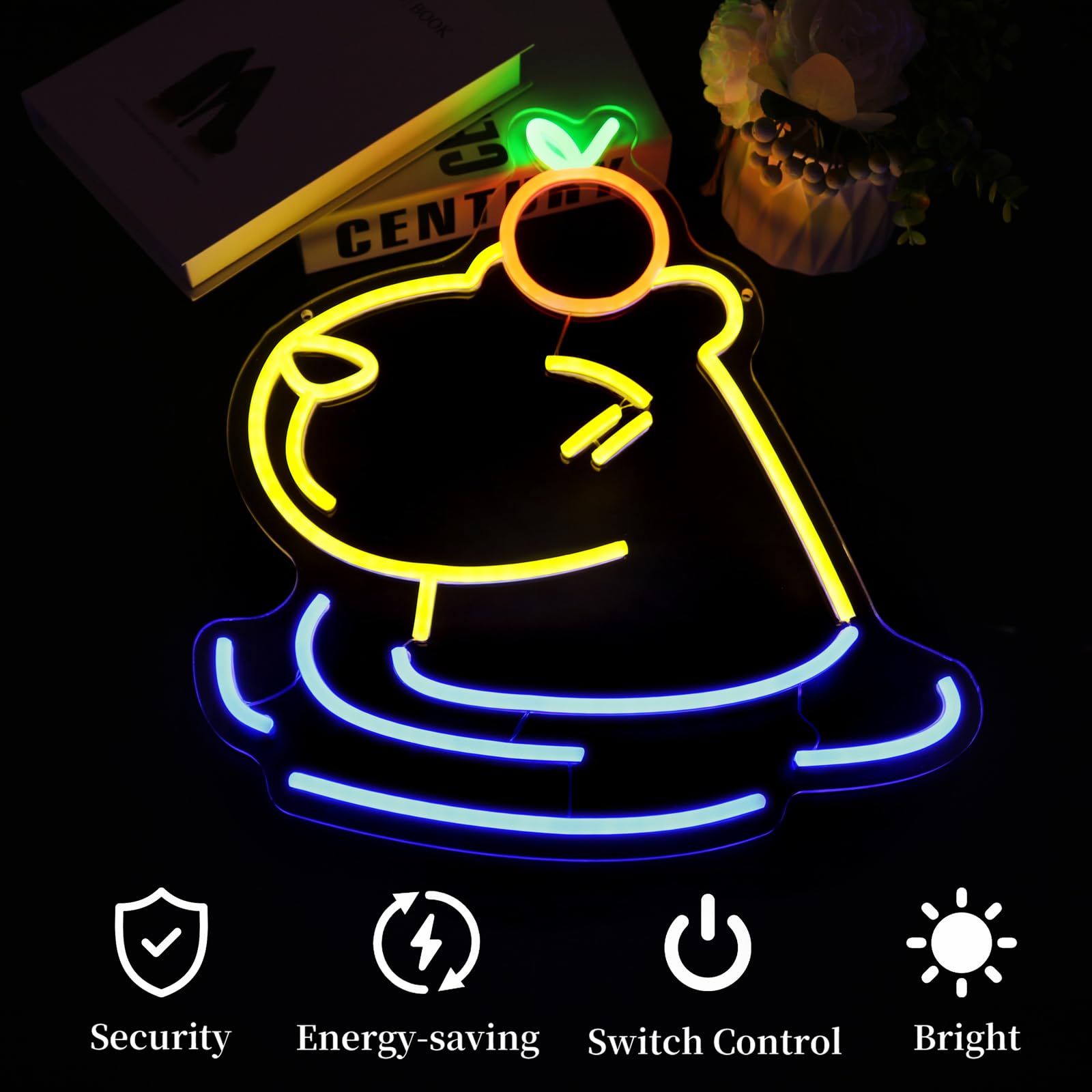 Ebdobgbs LED capybara wall decor glowing in yellow blue and green neon colors in dark room