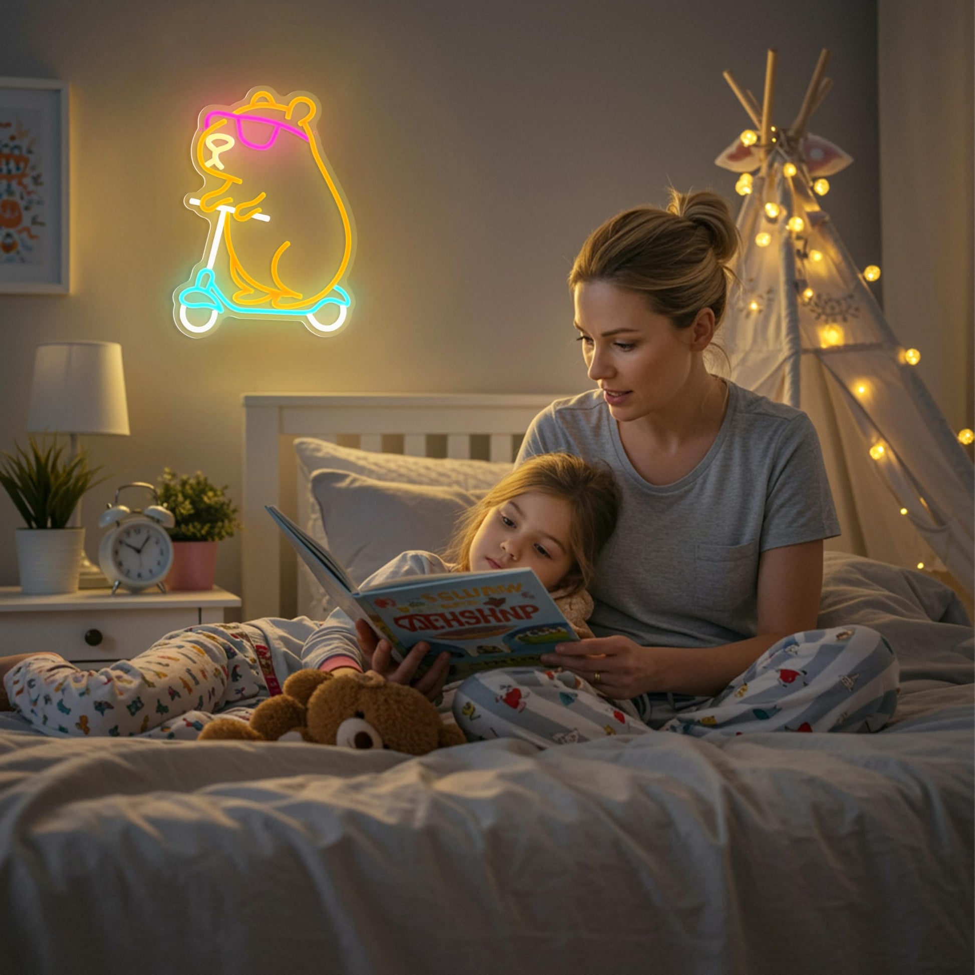 Capybara themed room decor neon wall light glowing above mother and child reading in cozy bedroom