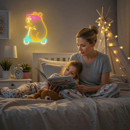 Capybara themed room decor neon wall light glowing above mother and child reading in cozy bedroom